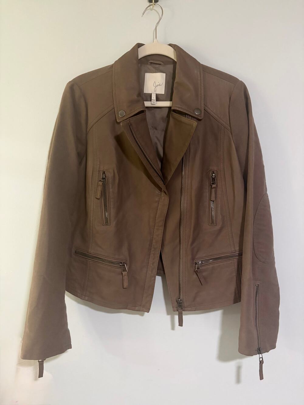 Joie Lamb Leather Moto Jacket Taupe Brown Biker Zip Size L